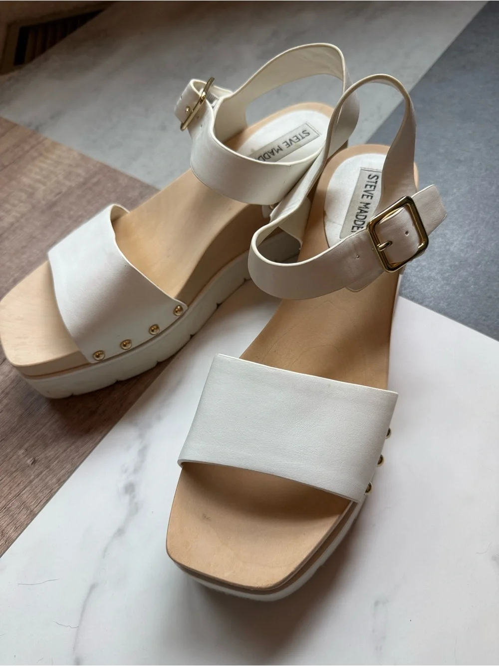Steve Madden White Platform Sandals with Gold Studs